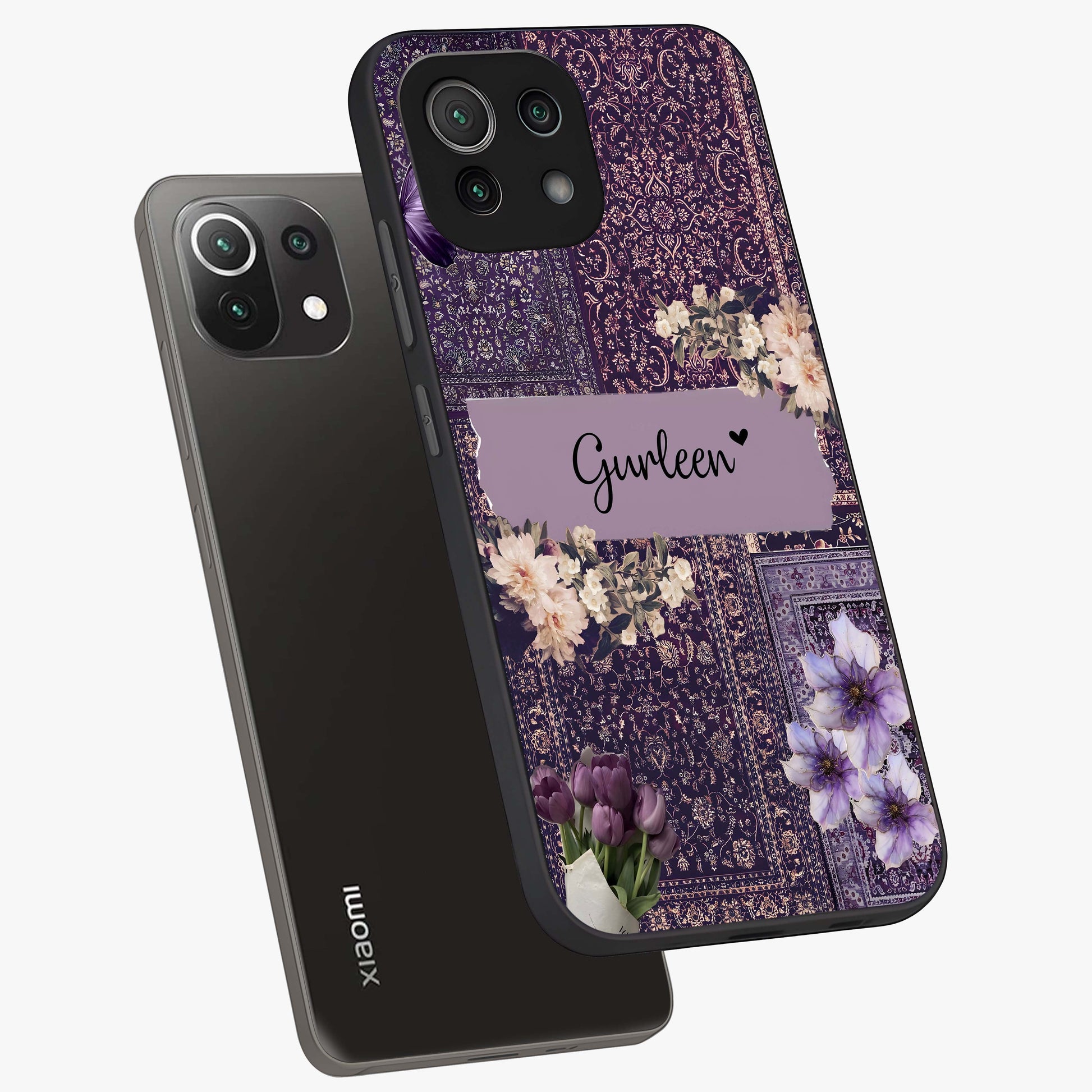 Antique Floral Whisper Custom Name Glass Case displayed in angled mockup highlighting elegant antique floral aesthetic.