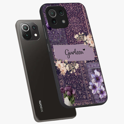 Antique Floral Whisper Custom Name Glass Case displayed in angled mockup highlighting elegant antique floral aesthetic.