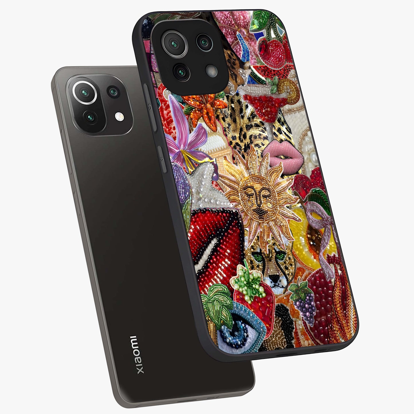 Beaded Fashion Jungle Glass Case displayed in angled mockup highlighting colorful fashion bead design and artistic pattern.
