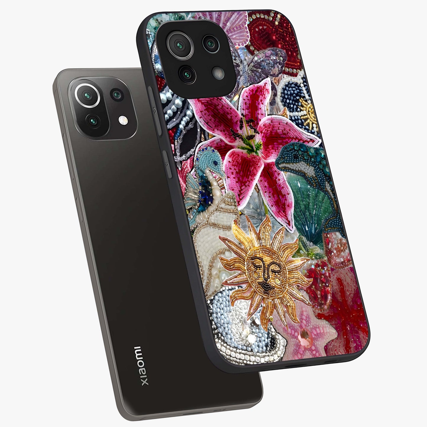 Beaded Garden Fantasy Glass Case displayed in angled mockup highlighting fantasy inspired floral bead pattern.