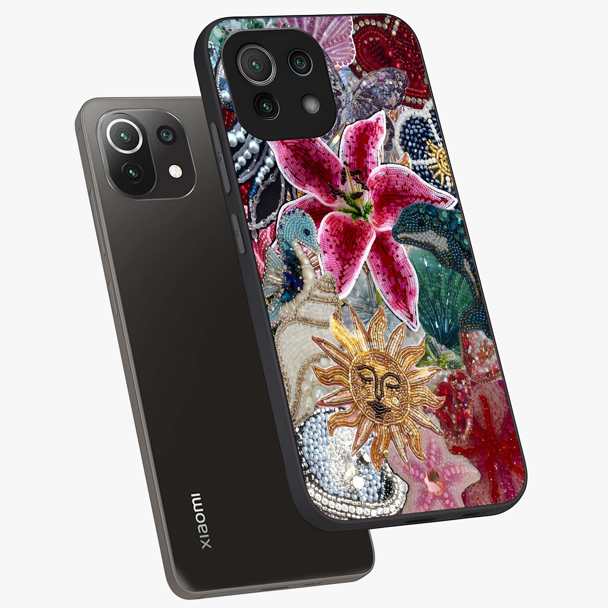 Beaded Garden Fantasy Glass Case displayed in angled mockup highlighting fantasy inspired floral bead pattern.