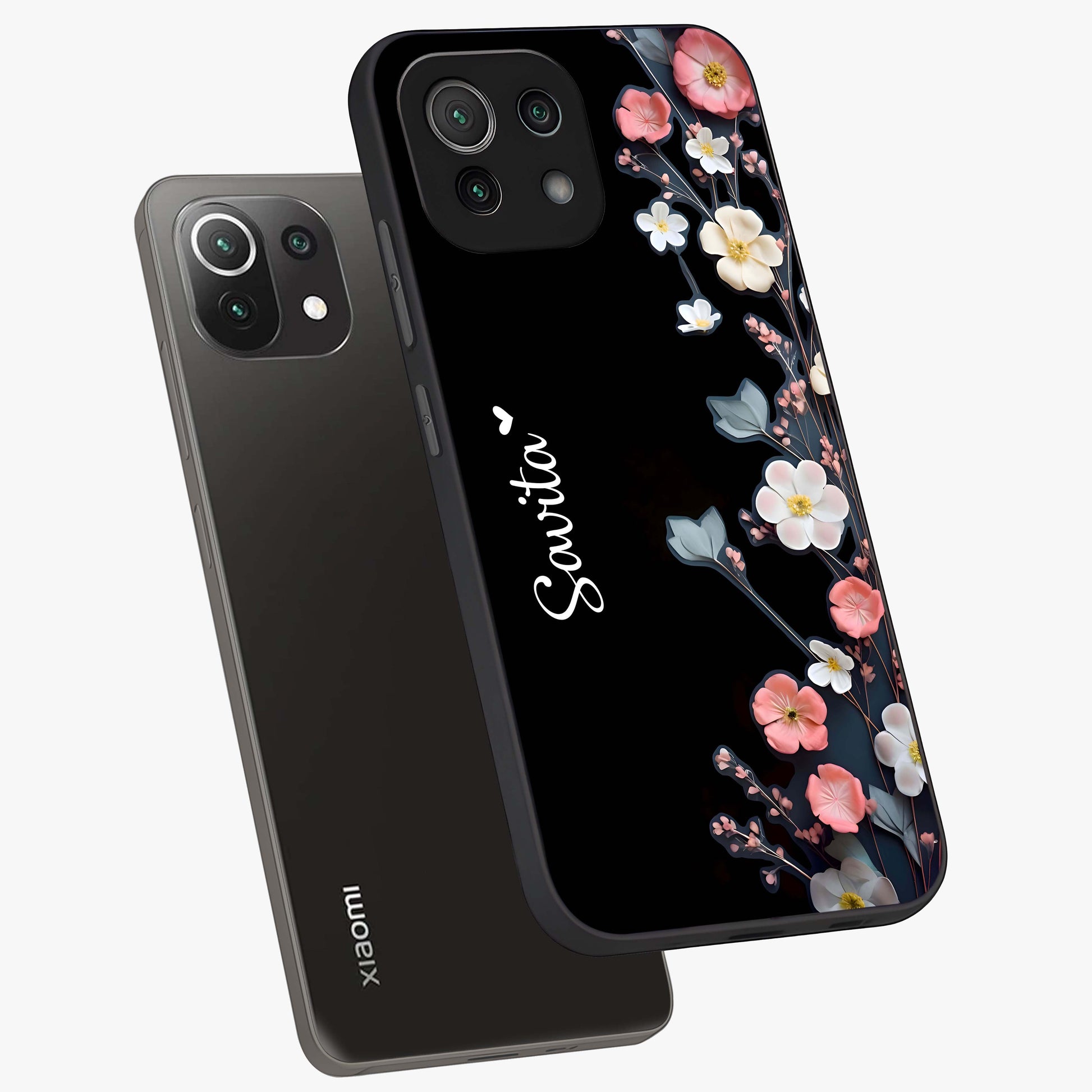 Black Elegance Floral Custom Name Glass Case displayed in angled mockup highlighting dark floral aesthetic and custom name feature.