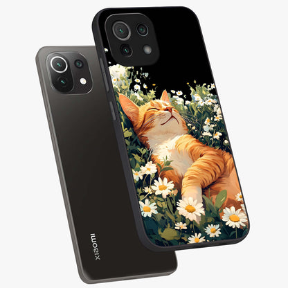Blissful Bloom Cat Glass Case displayed in angled mockup highlighting playful feline illustration with soft floral aesthetic.