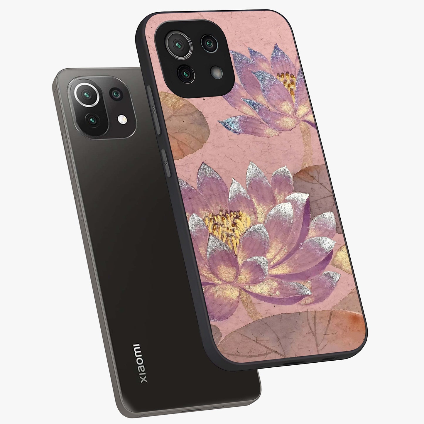 Blossom Mist Lotus Glass Case displayed in angled mockup highlighting delicate lotus illustration with calm aesthetic theme.