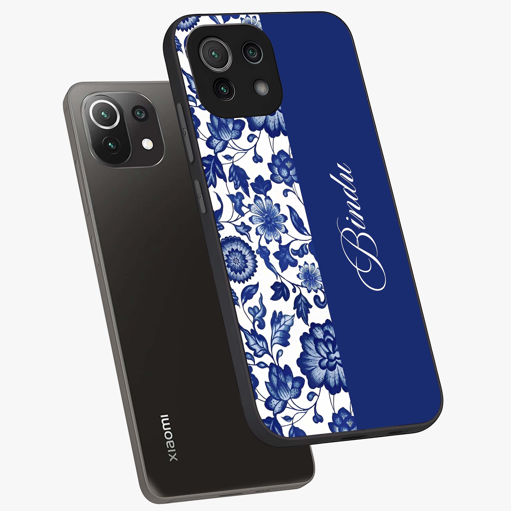 Blue Vintage Floral Pattern Glass Case displayed in angled mockup highlighting subtle bloom pattern with aesthetic pastel design.
