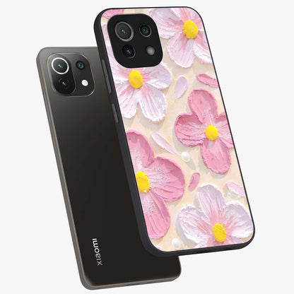Blush Bloom Texture Glass Case displayed in angled mockup highlighting subtle bloom pattern with aesthetic pastel design.