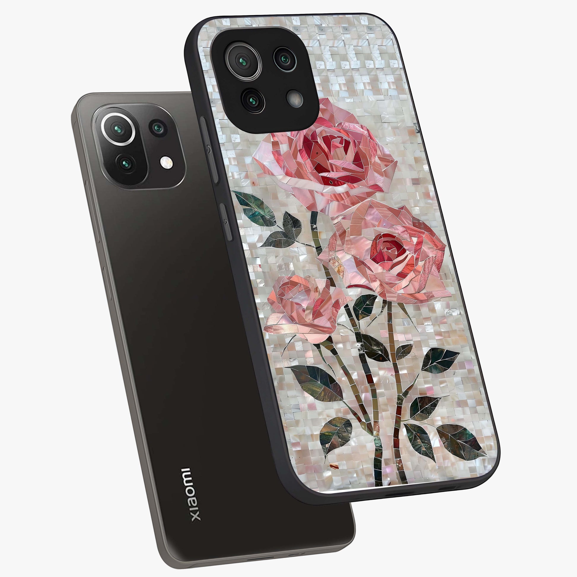 Blush Mosaic Bloom Glass Case displayed in angled mockup highlighting artistic mosaic flower pattern with aesthetic design.