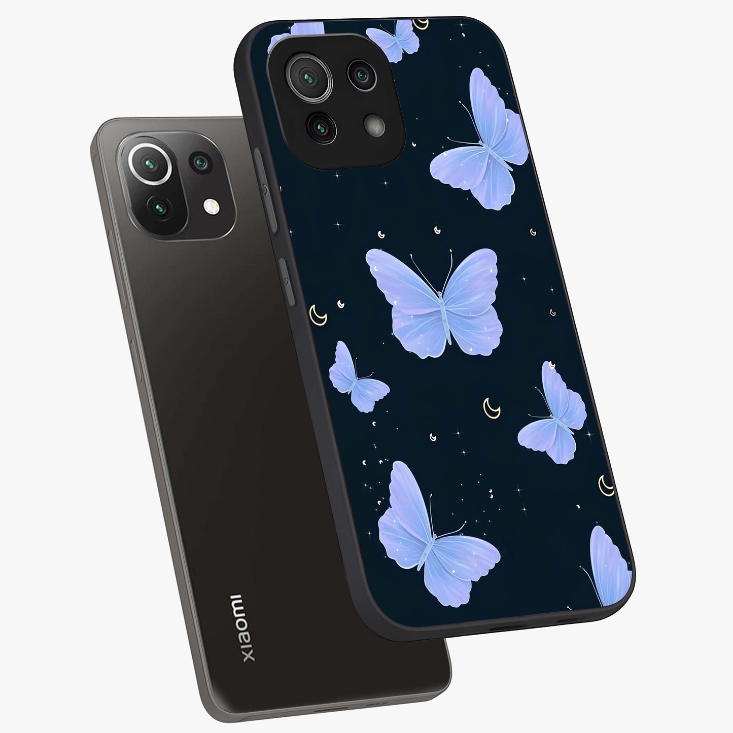 Butterfly With Stars Pattern Glass Case displayed in angled mockup highlighting dreamy butterfly and star design with aesthetic theme.