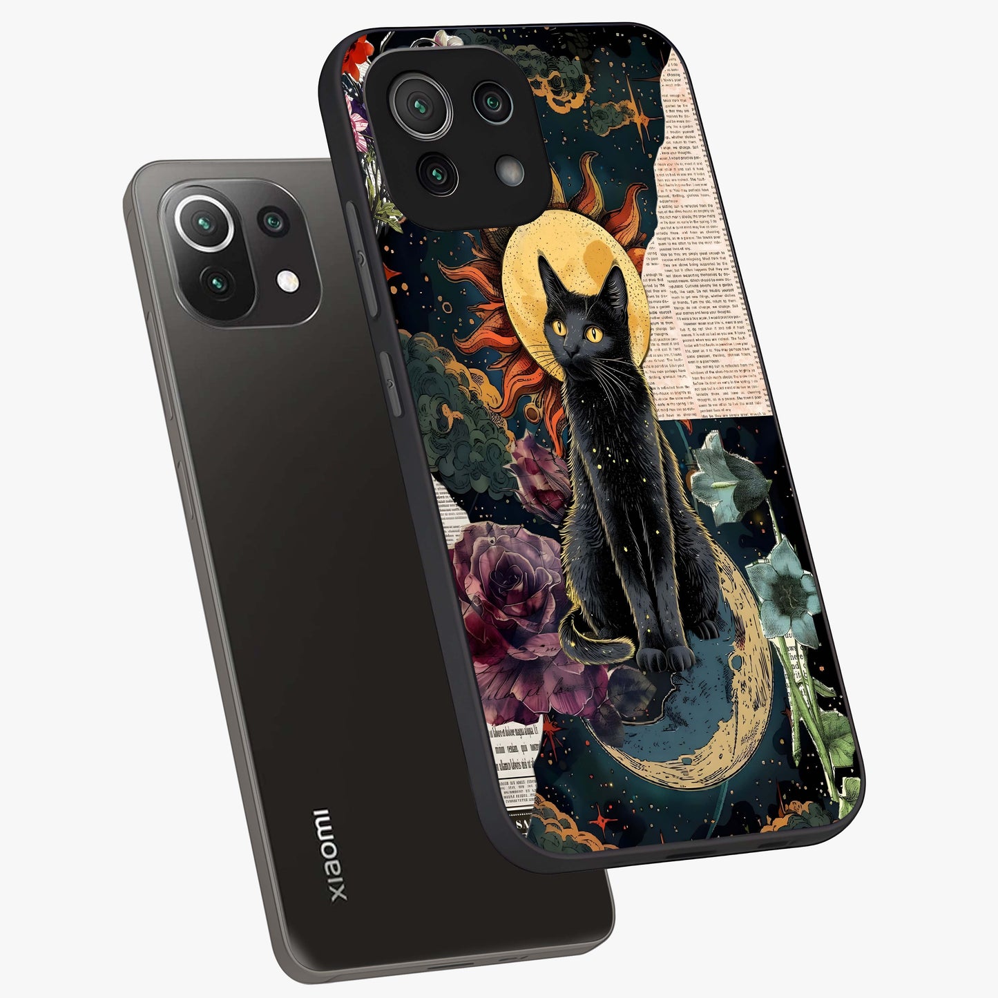 Celestial Black Cat Glass Case displayed in angled mockup highlighting cosmic black cat design with celestial aesthetic.