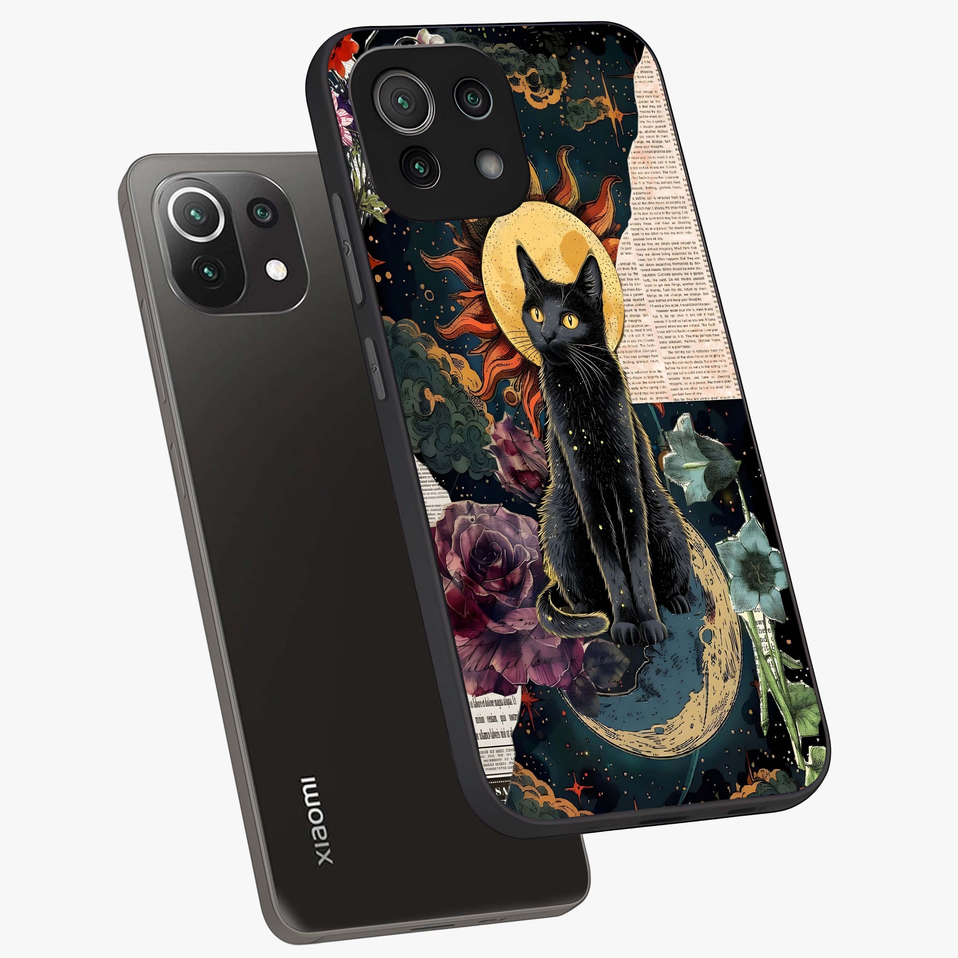 Celestial Black Cat Glass Case displayed in angled mockup highlighting cosmic black cat design with celestial aesthetic.