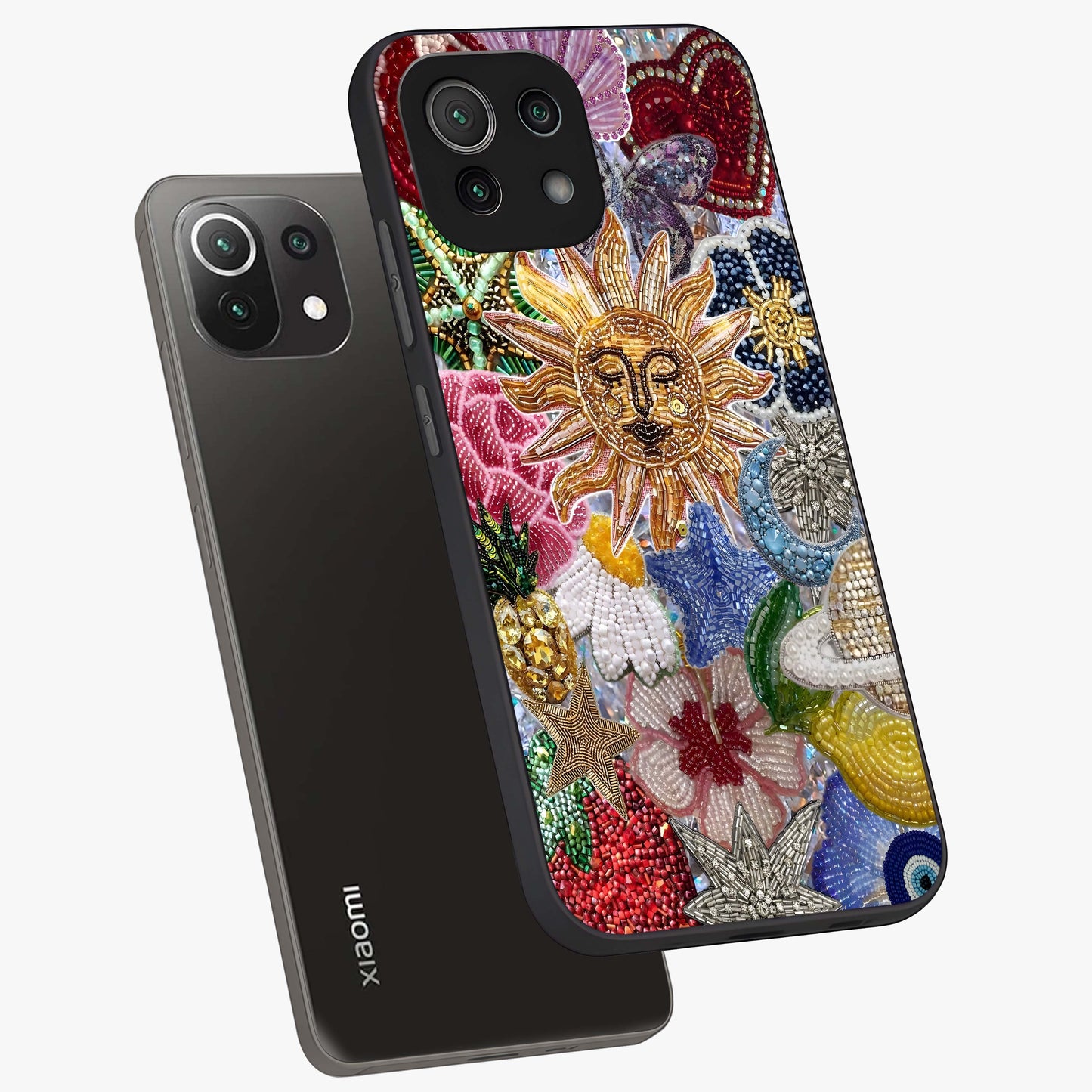 Celestial Floral and Playful Glass Case displayed in angled mockup highlighting playful floral design with dreamy celestial elements.