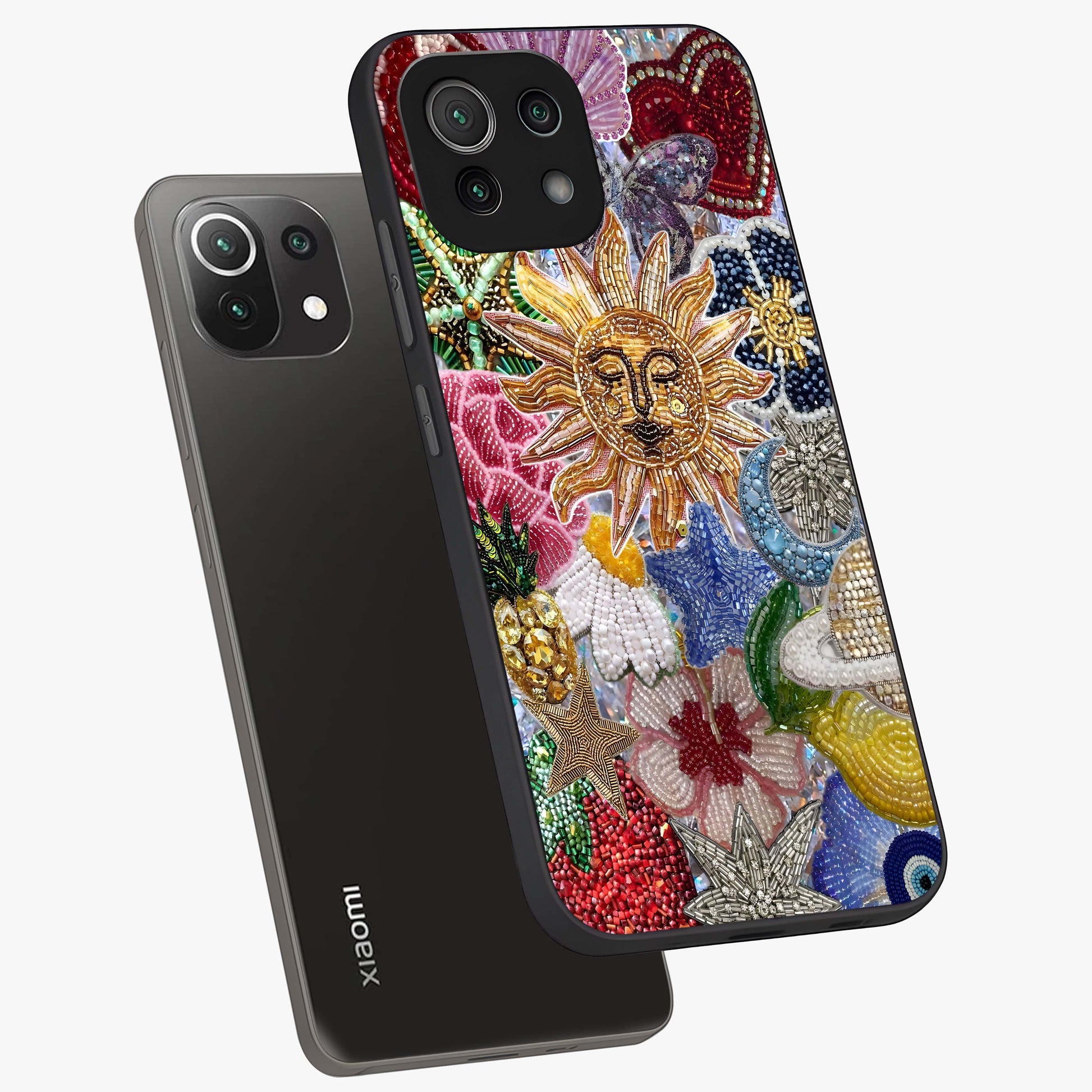 Celestial Floral and Playful Glass Case displayed in angled mockup highlighting playful floral design with dreamy celestial elements.