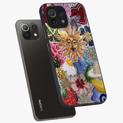 Celestial Floral and Playful Glass Case displayed in angled mockup highlighting playful floral design with dreamy celestial elements.