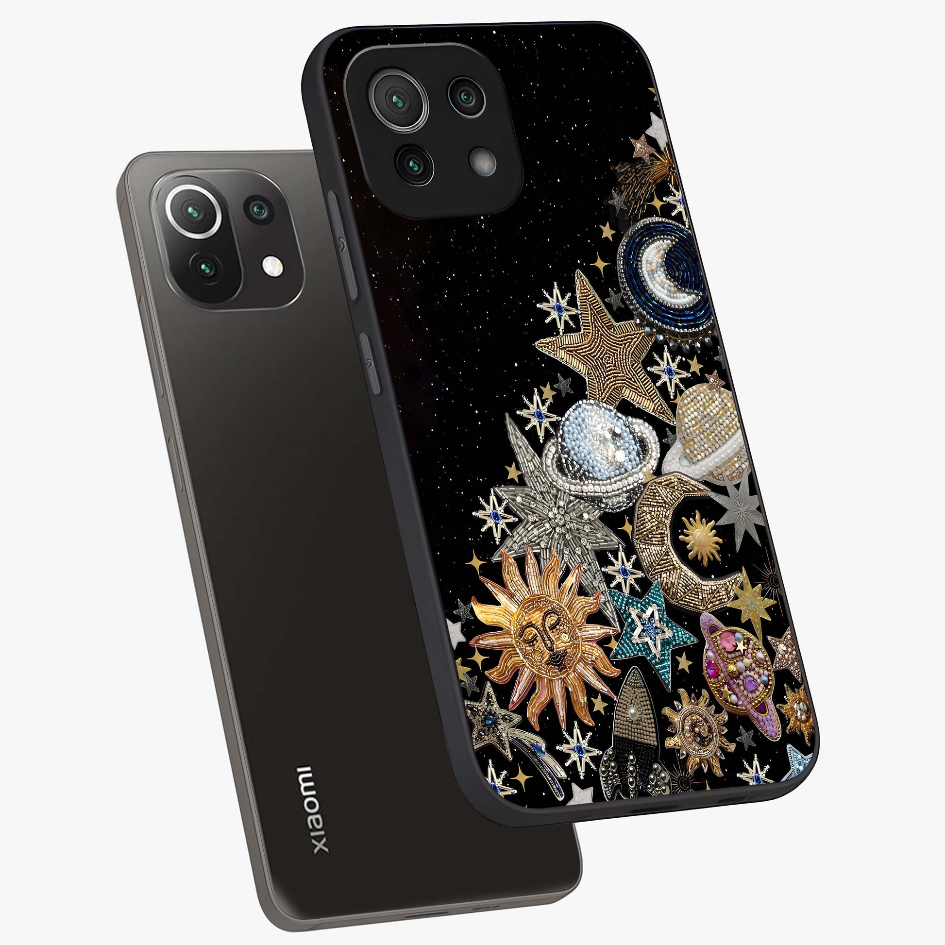 Cosmic Sparkle Dreams Glass Case displayed in angled mockup highlighting dreamy star sparkle design with celestial aesthetic.
