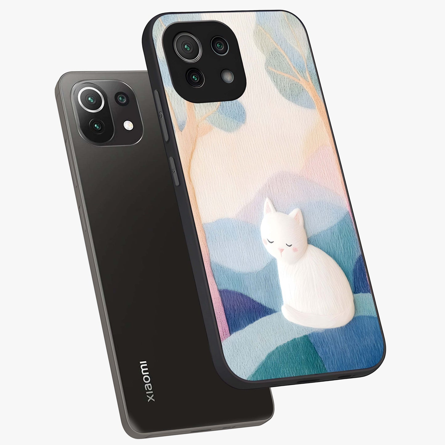 Cotton Dream Cat Glass Case displayed in angled mockup highlighting cute feline illustration with pastel aesthetic style.