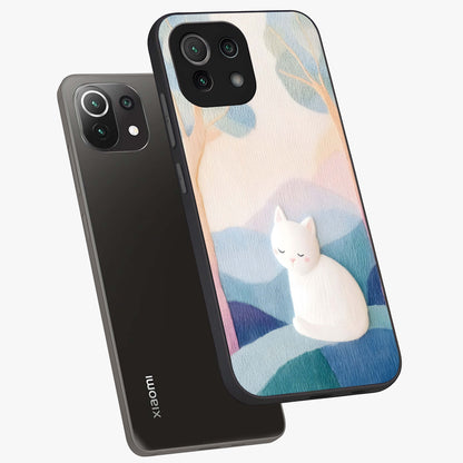 Cotton Dream Cat Glass Case displayed in angled mockup highlighting cute feline illustration with pastel aesthetic style.