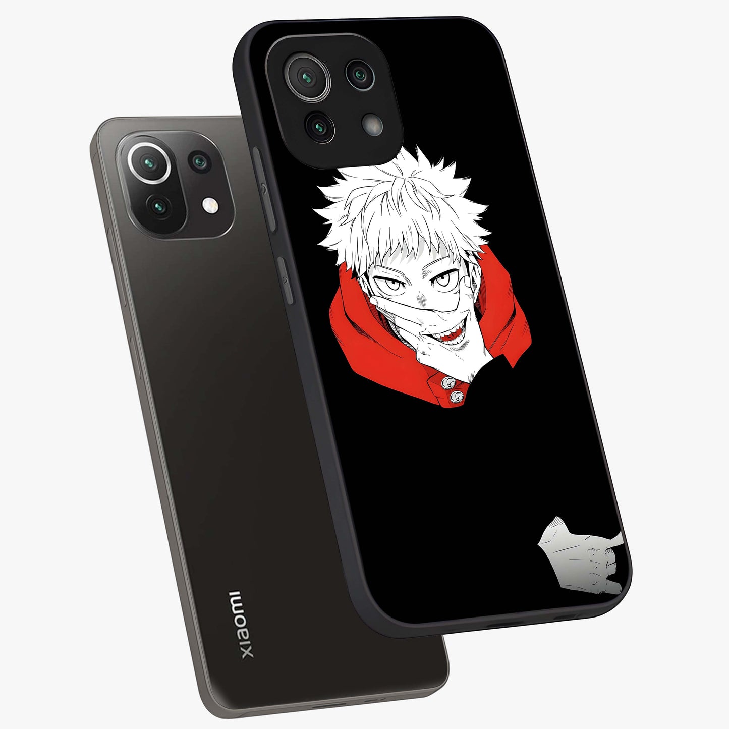 Crimson Chaos Smile Glass Case displayed in angled mockup highlighting edgy crimson smile design with graphic aesthetic.