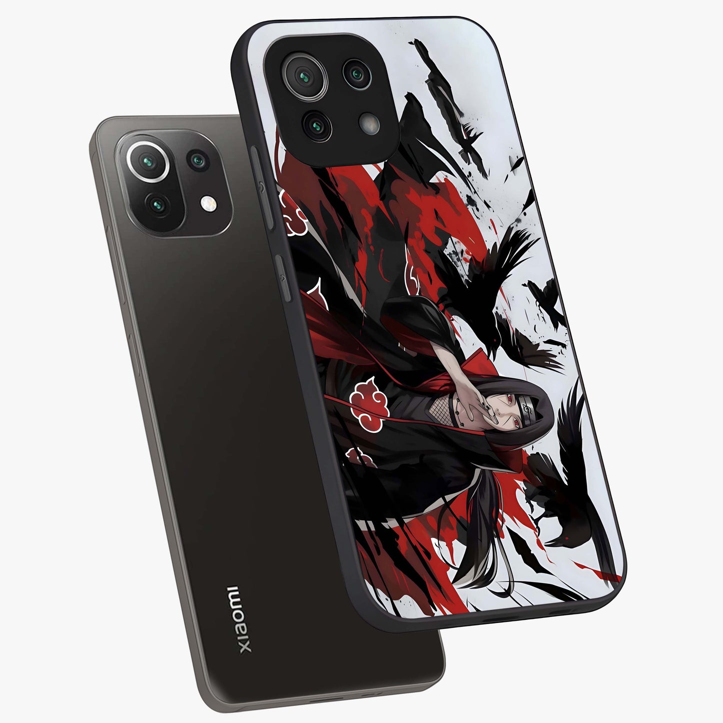 Crimson Crow Illusion Glass Case displayed in angled mockup highlighting mysterious crow graphic with dark aesthetic style.