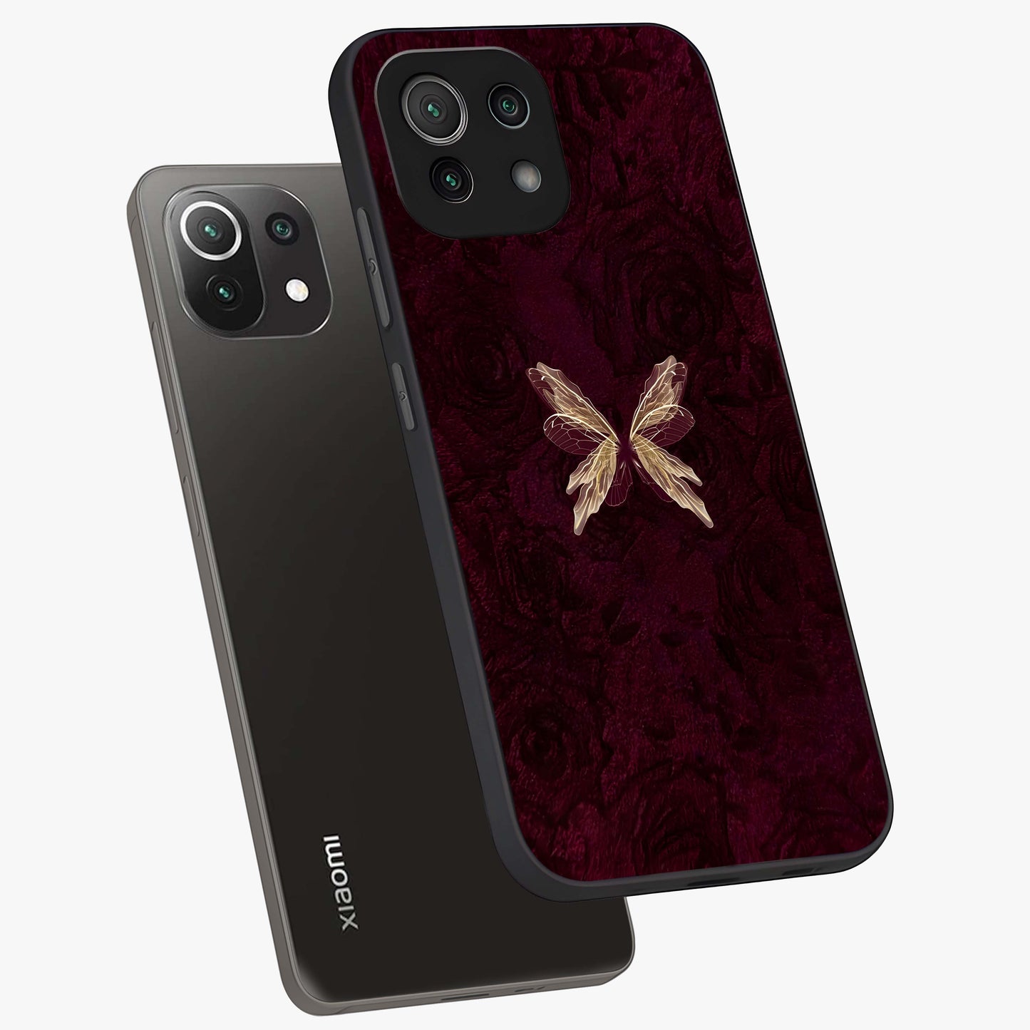 Crimson Fade Butterfly Glass Case displayed in angled mockup highlighting elegant butterfly design with crimson gradient aesthetic.