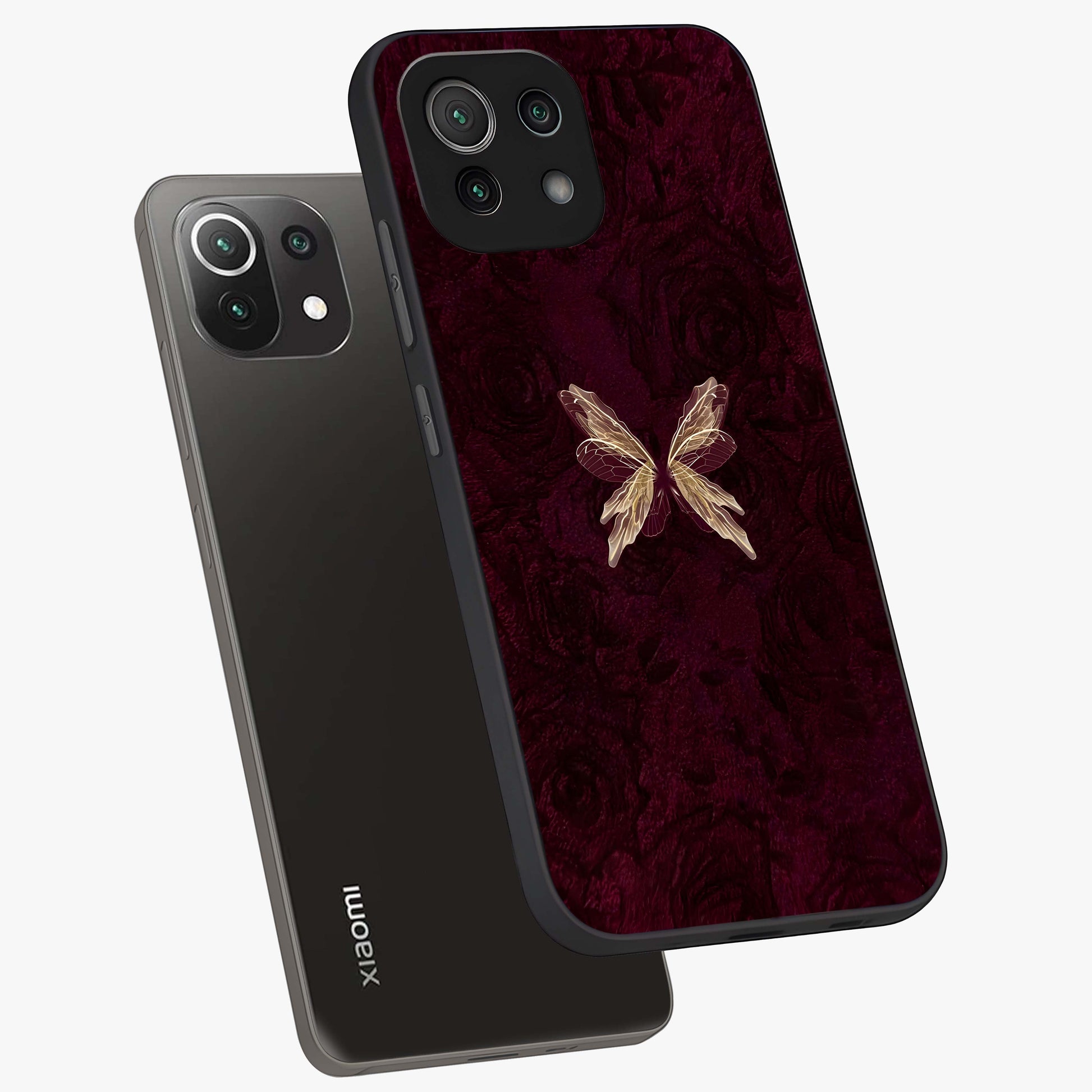 Crimson Fade Butterfly Glass Case displayed in angled mockup highlighting elegant butterfly design with crimson gradient aesthetic.