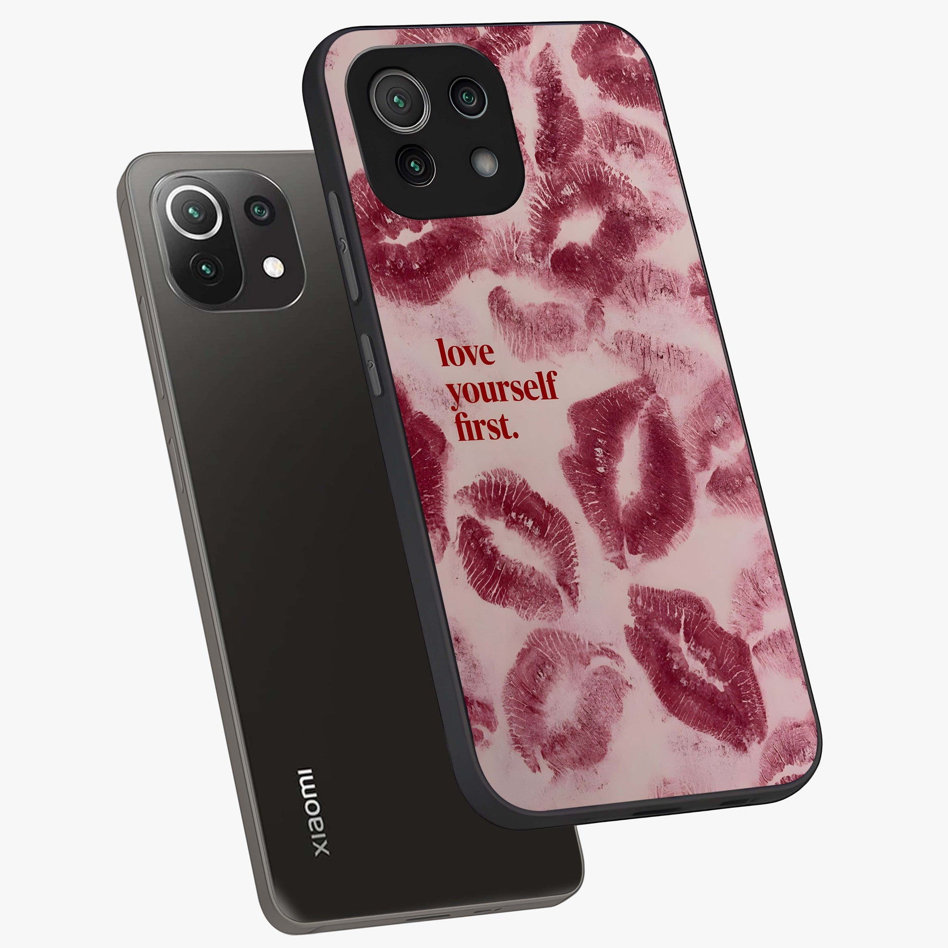 Crimson Kiss Love Glass Case displayed in angled mockup highlighting bold love inspired design with modern aesthetic style.