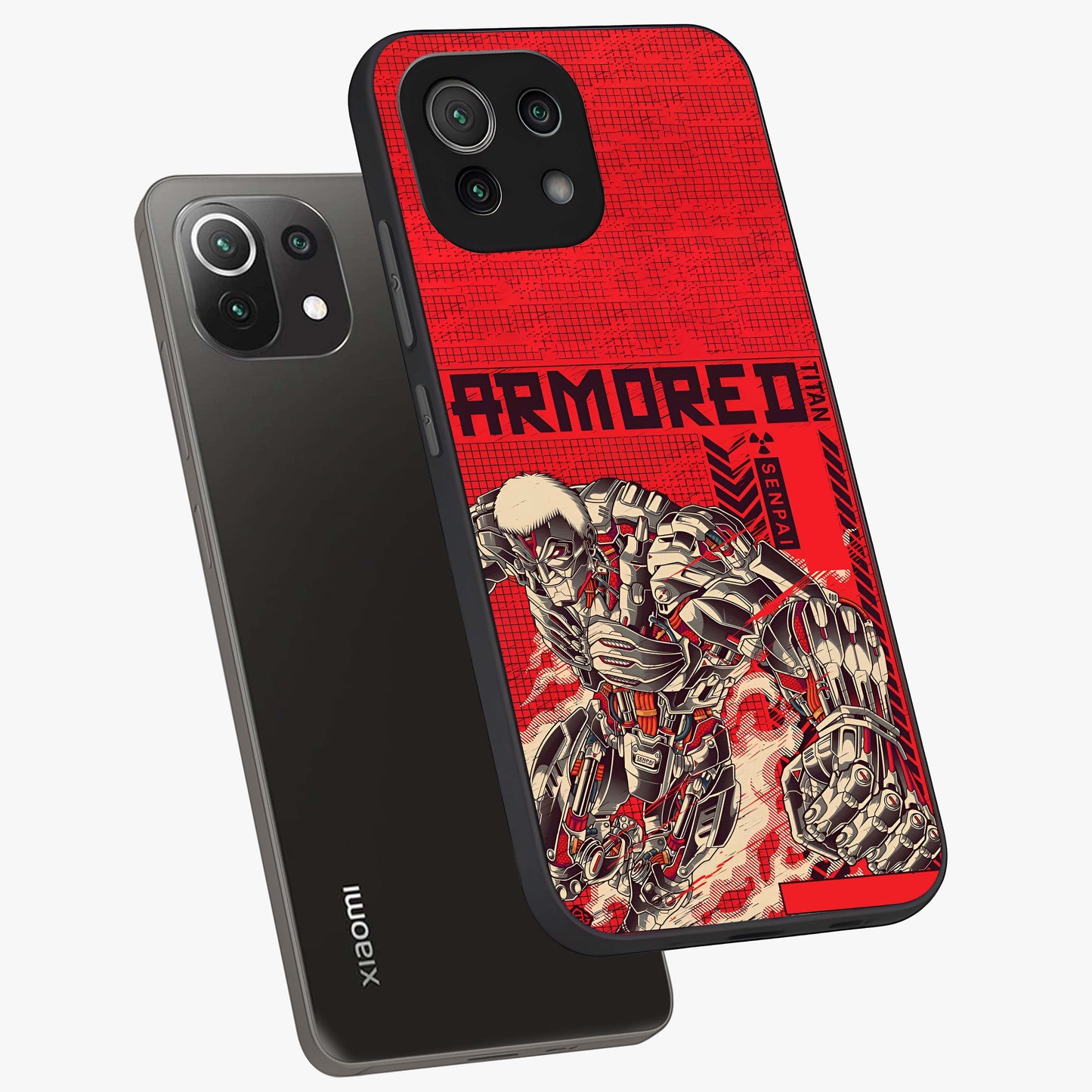 Crimson Mecha Titan Glass Case displayed in angled mockup highlighting futuristic mech illustration with bold crimson aesthetic.