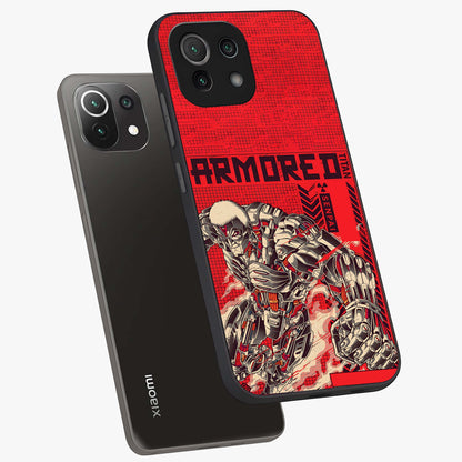 Crimson Mecha Titan Glass Case displayed in angled mockup highlighting futuristic mech illustration with bold crimson aesthetic.