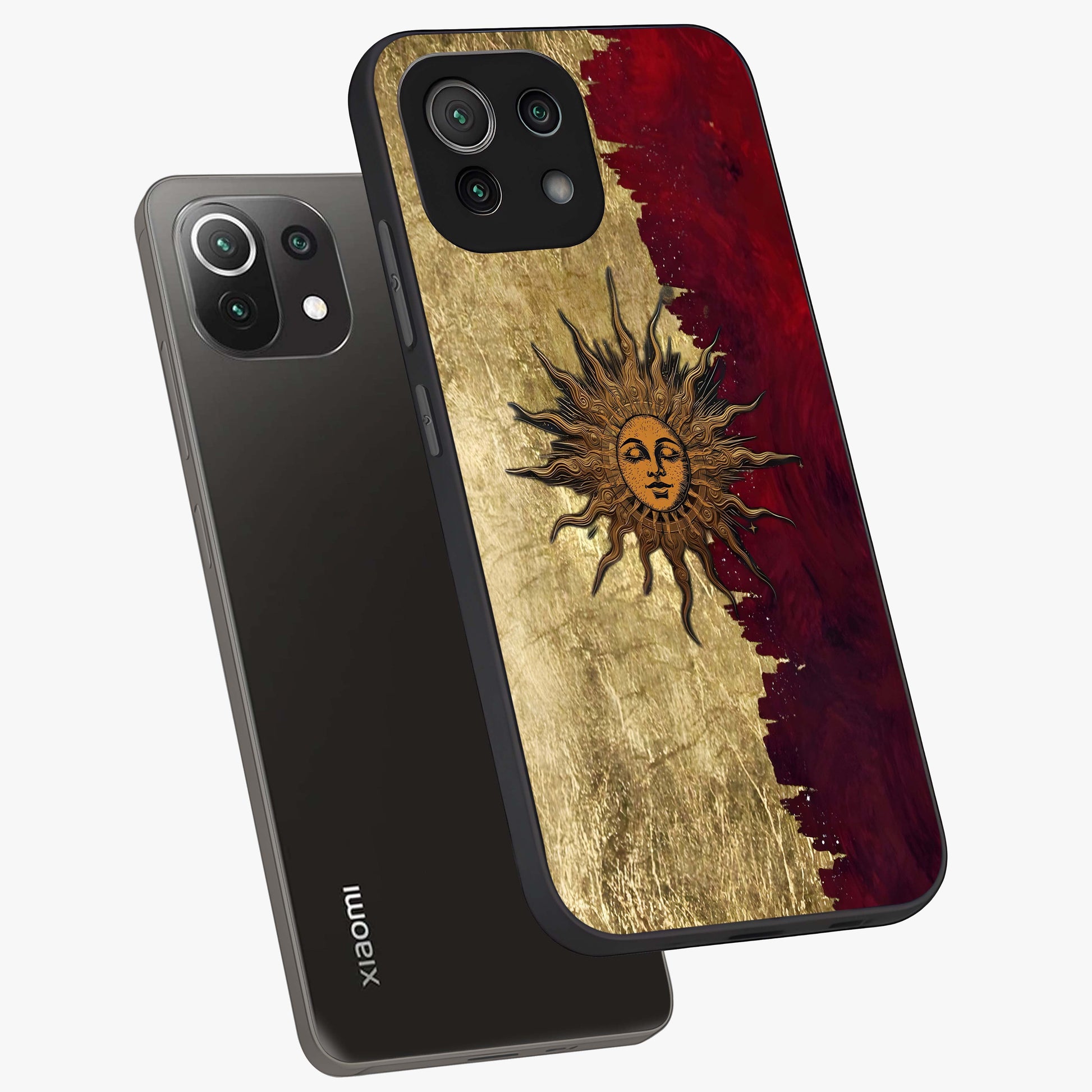 Crimson Sun Majesty Glass Case displayed in angled mockup highlighting majestic crimson sun design with bold aesthetic style.