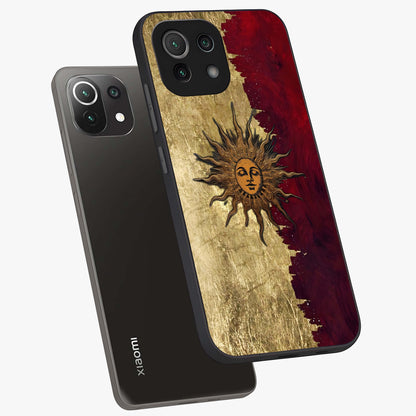 Crimson Sun Majesty Glass Case displayed in angled mockup highlighting majestic crimson sun design with bold aesthetic style.