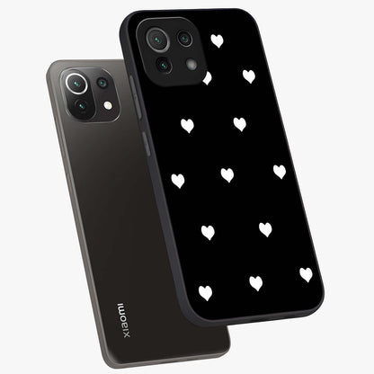 Cute And Simple White Hearts Glass Case displayed in angled mockup highlighting cute heart design with clean aesthetic style.