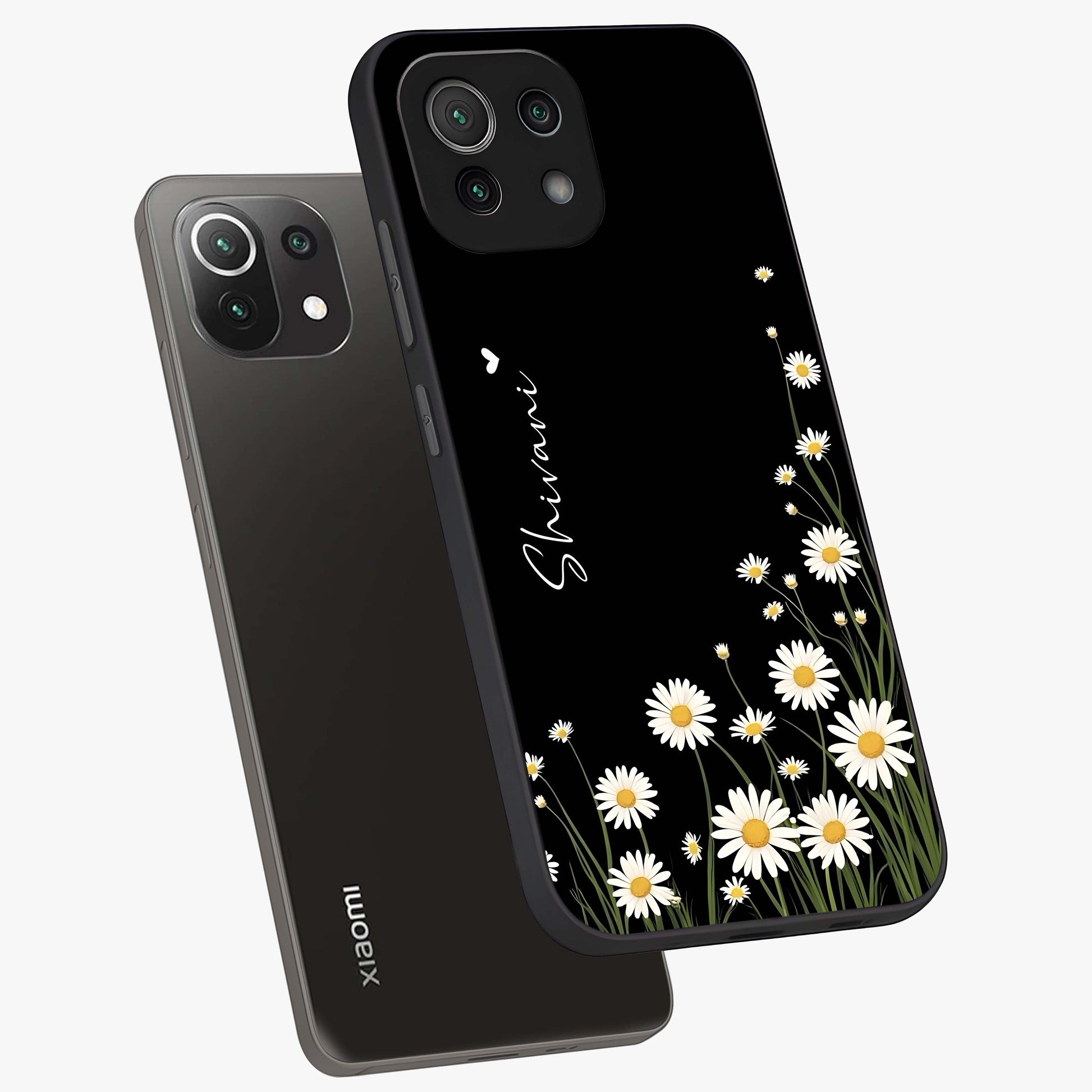 Daisy Cascade Custom Name Glass Case displayed in angled mockup highlighting delicate daisy artwork with custom name feature.