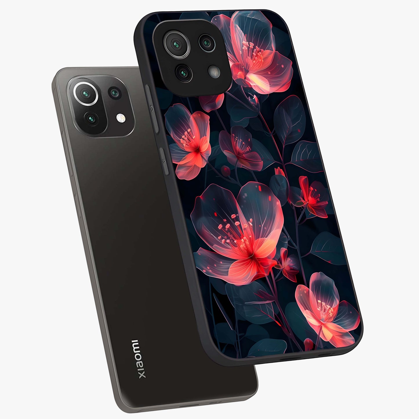 Dark Shade of Flower Glass Case displayed in angled mockup highlighting moody floral illustration with aesthetic dark tones.