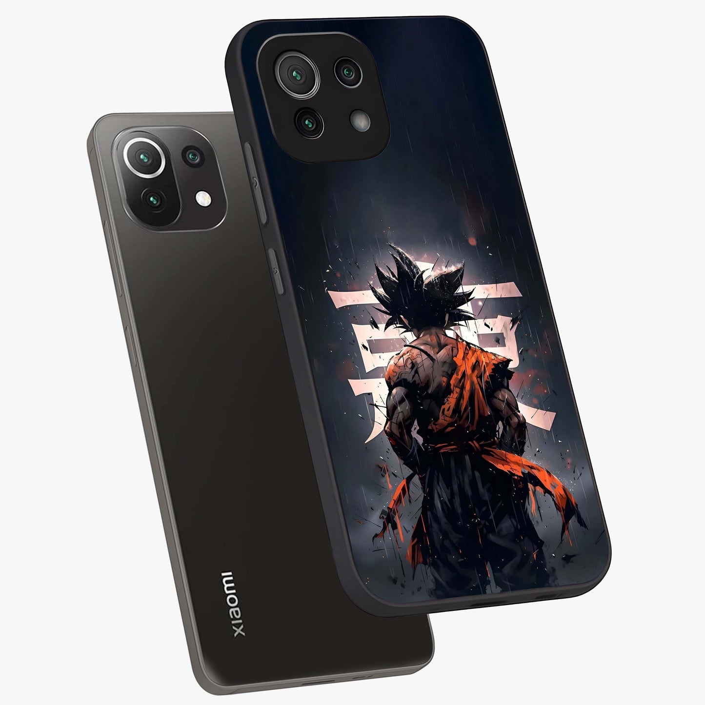 Dark Warrior In Rain Glass Case displayed in angled mockup highlighting dramatic warrior illustration with dark rain aesthetic.