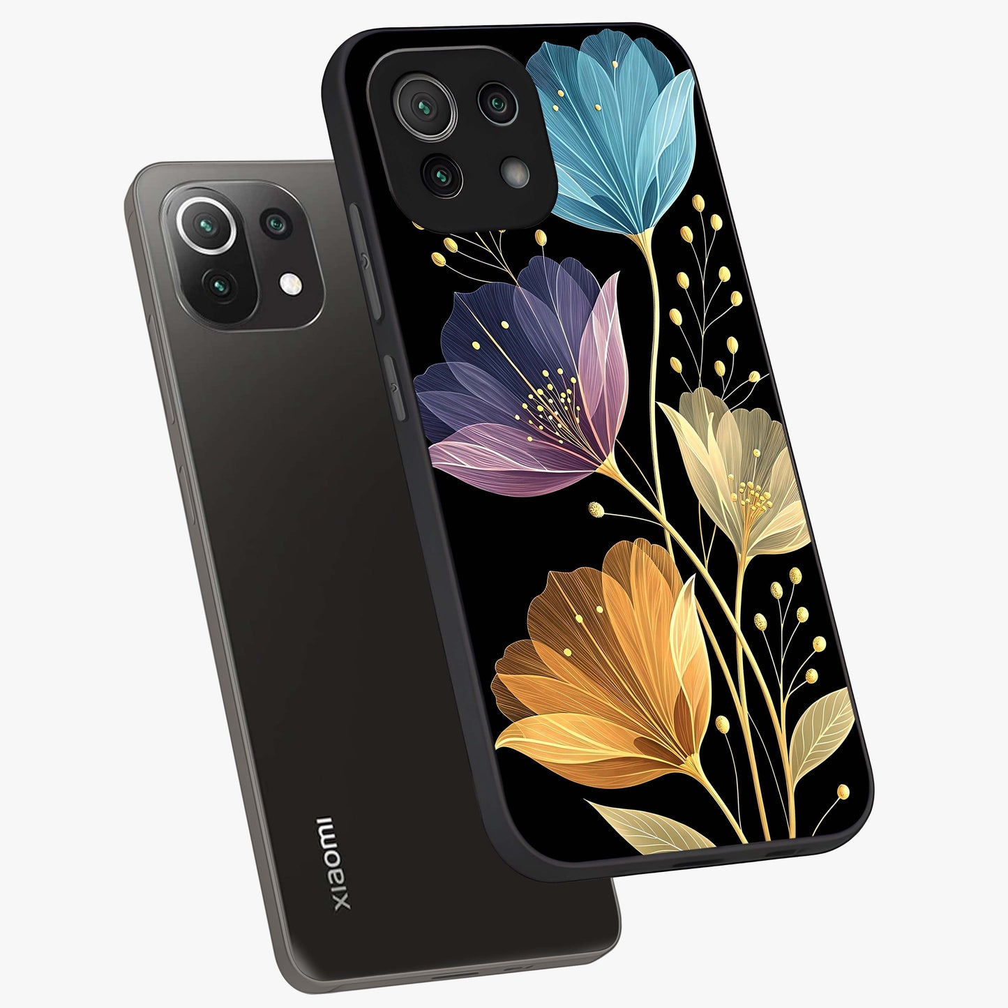 Delicate Multicolor Flowers Glass Case displayed in angled mockup highlighting colorful flower pattern with soft aesthetic style.