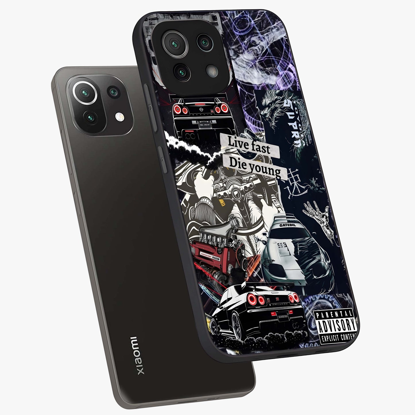 Die Young Glass Case displayed in angled mockup highlighting expressive graphic artwork with edgy aesthetic style.