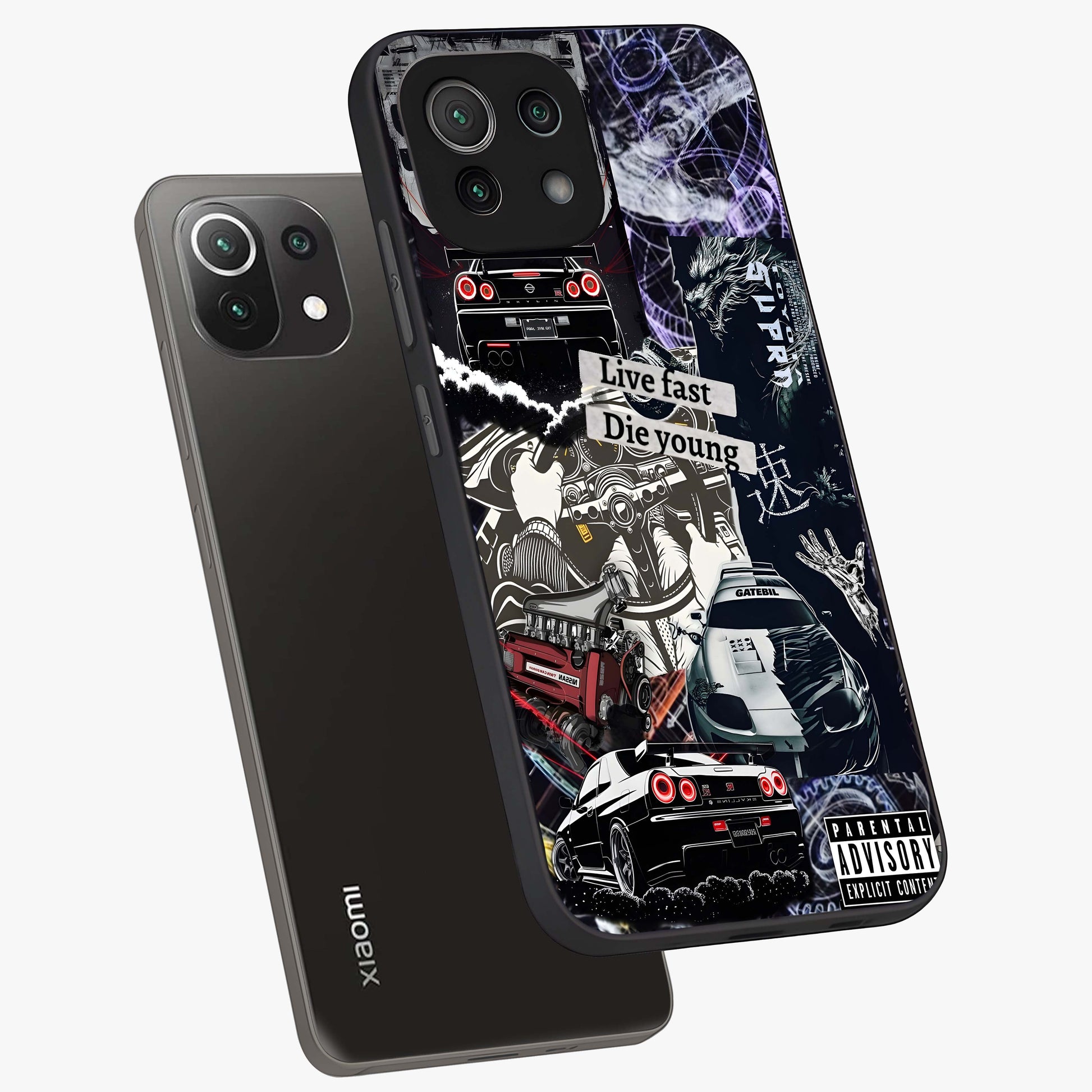 Die Young Glass Case displayed in angled mockup highlighting expressive graphic artwork with edgy aesthetic style.