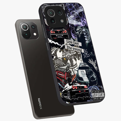 Die Young Glass Case displayed in angled mockup highlighting expressive graphic artwork with edgy aesthetic style.