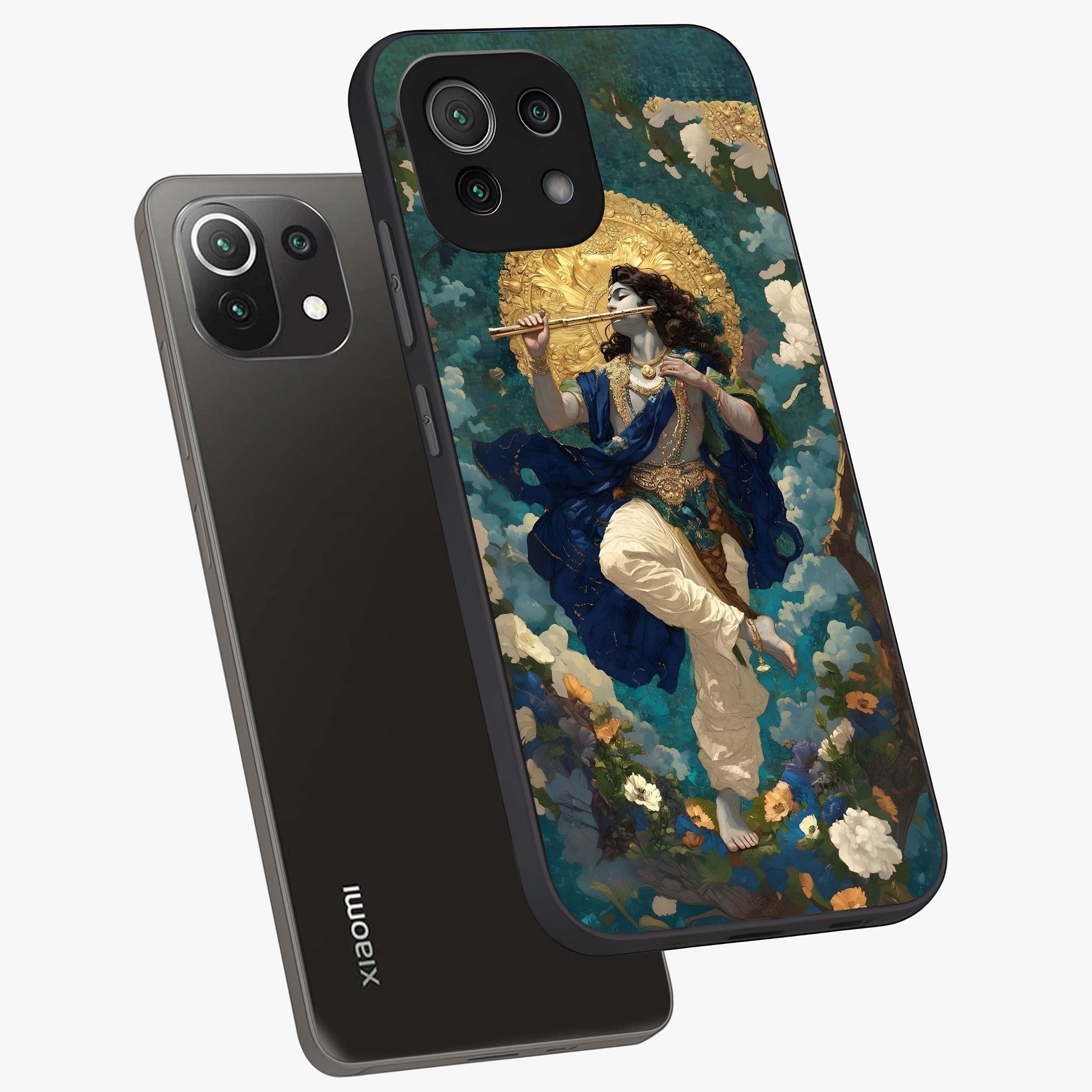 Divine Krishna Art Glass Case displayed in angled mockup highlighting spiritual Krishna illustration with devotional aesthetic.