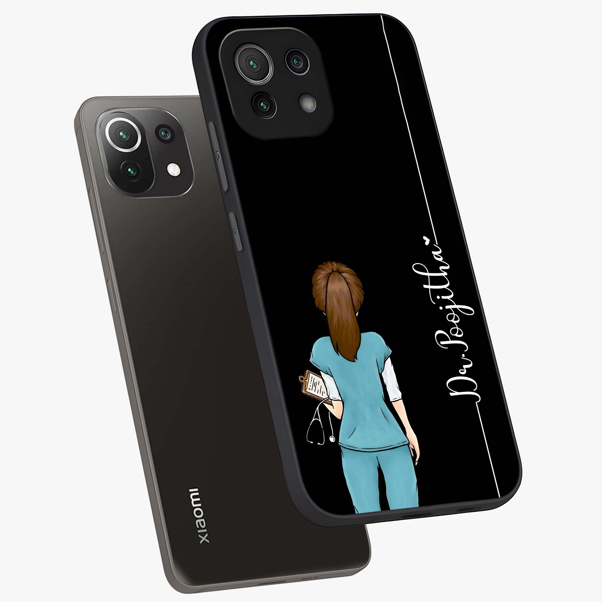 Doctor Pattern Custom Name Glass Case displayed in angled mockup highlighting doctor inspired artwork with custom name feature.