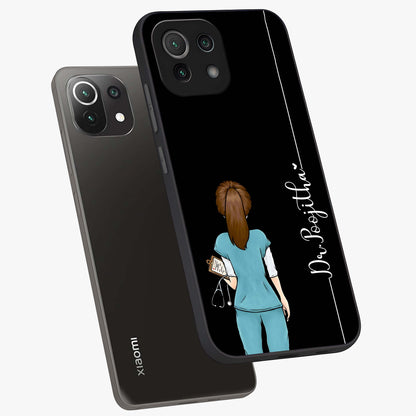 Doctor Pattern Custom Name Glass Case displayed in angled mockup highlighting doctor inspired artwork with custom name feature.
