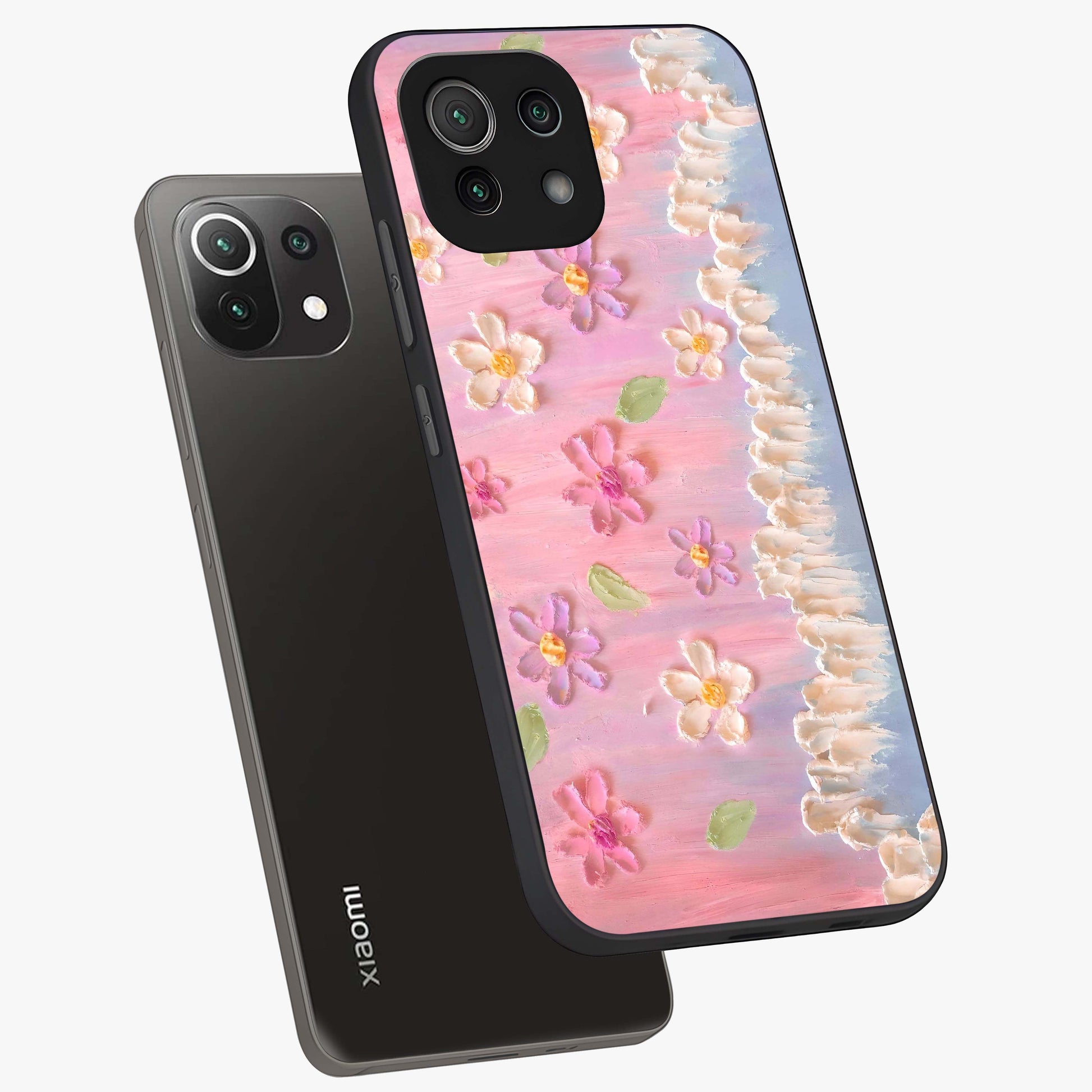 Dreamy Painted Garden Glass Case displayed in angled mockup highlighting colorful garden illustration with dreamy aesthetic style.
