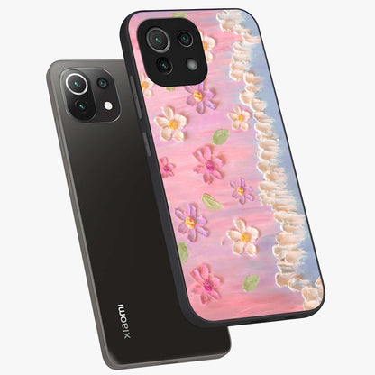 Dreamy Painted Garden Glass Case displayed in angled mockup highlighting colorful garden illustration with dreamy aesthetic style.