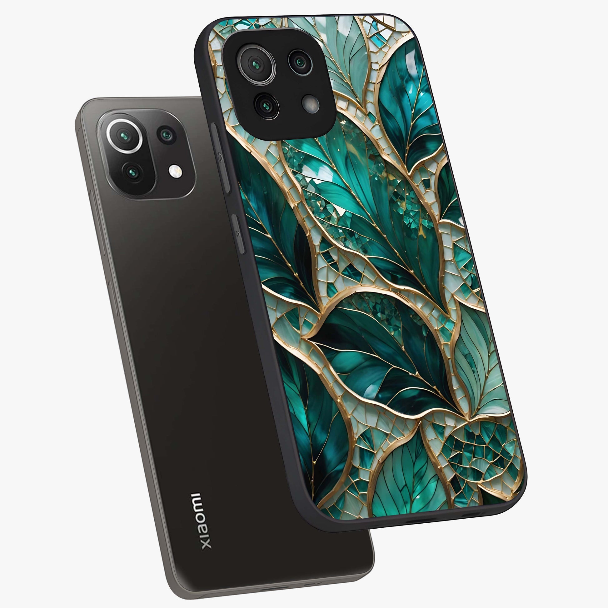 Emerald Leaf Glass Glass Case displayed in angled mockup highlighting botanical leaf illustration with elegant natural aesthetic.