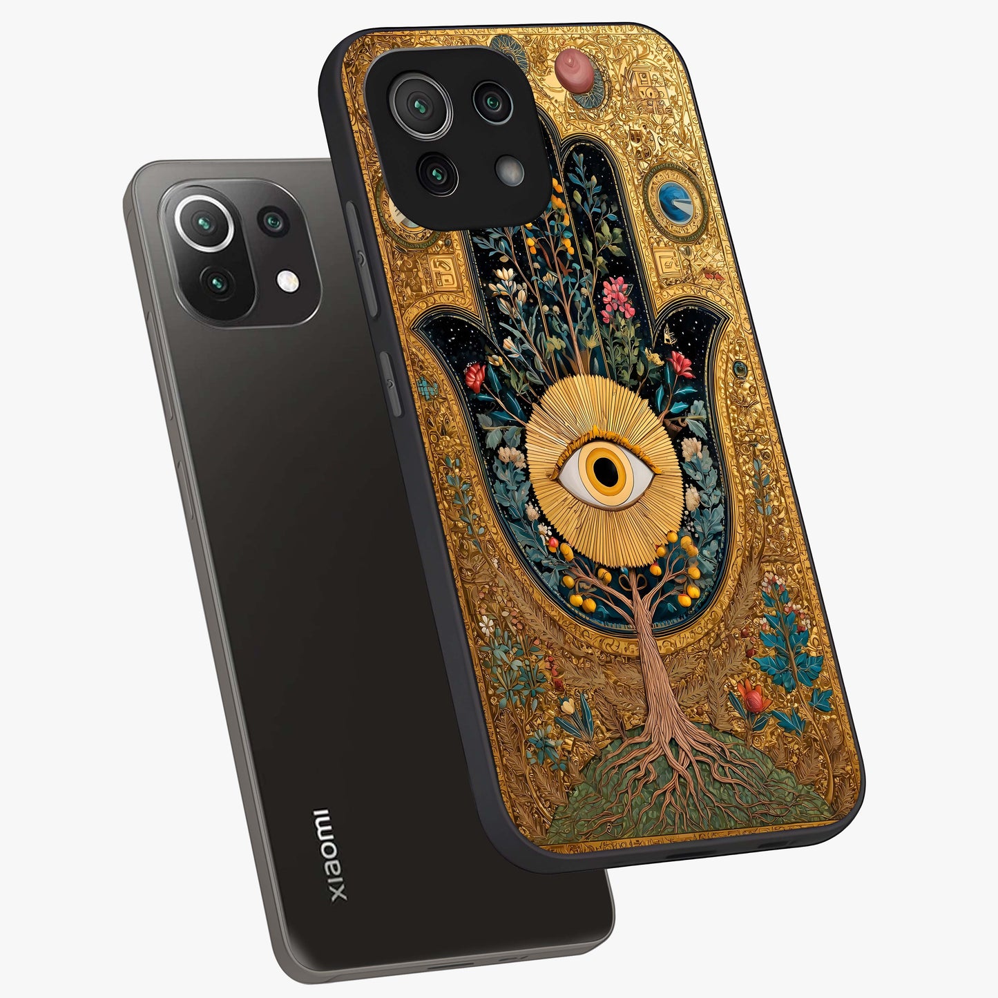 Ethereal Evil Eye Glass Case displayed in angled mockup highlighting protective evil eye symbol with spiritual aesthetic design.