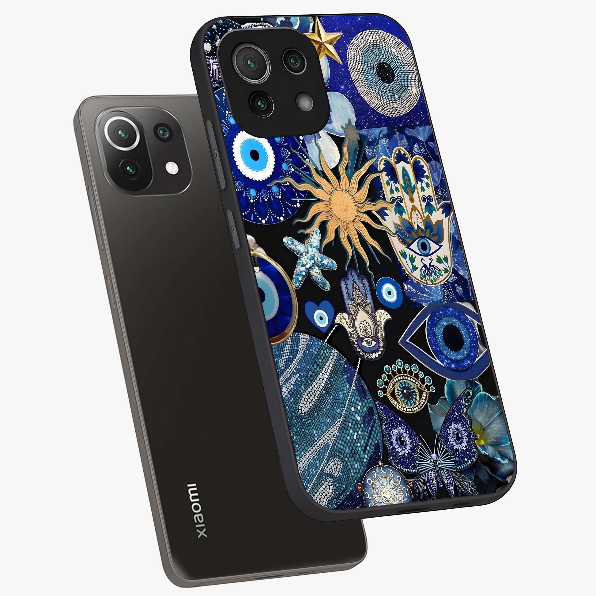Evil Eye Charm Mix Glass Case displayed in angled mockup highlighting protective evil eye symbols with spiritual aesthetic design.