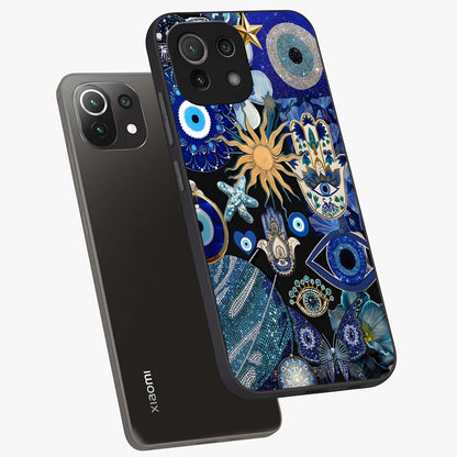 Evil Eye Charm Mix Glass Case displayed in angled mockup highlighting protective evil eye symbols with spiritual aesthetic design.