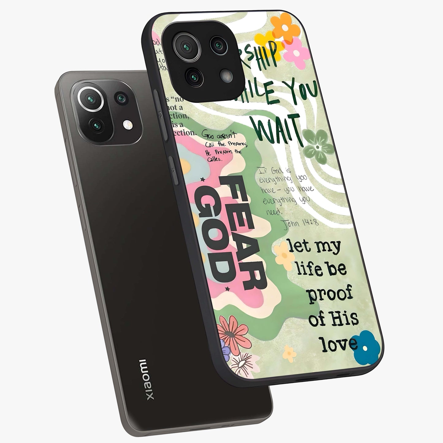 Faith Over Fear Glass Case displayed in angled mockup highlighting inspirational message design with modern aesthetic style.