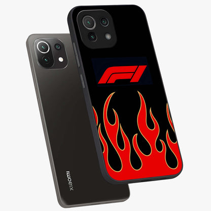 Fire F11 Glass Case displayed in angled mockup highlighting bold fire inspired graphic with energetic aesthetic style.
