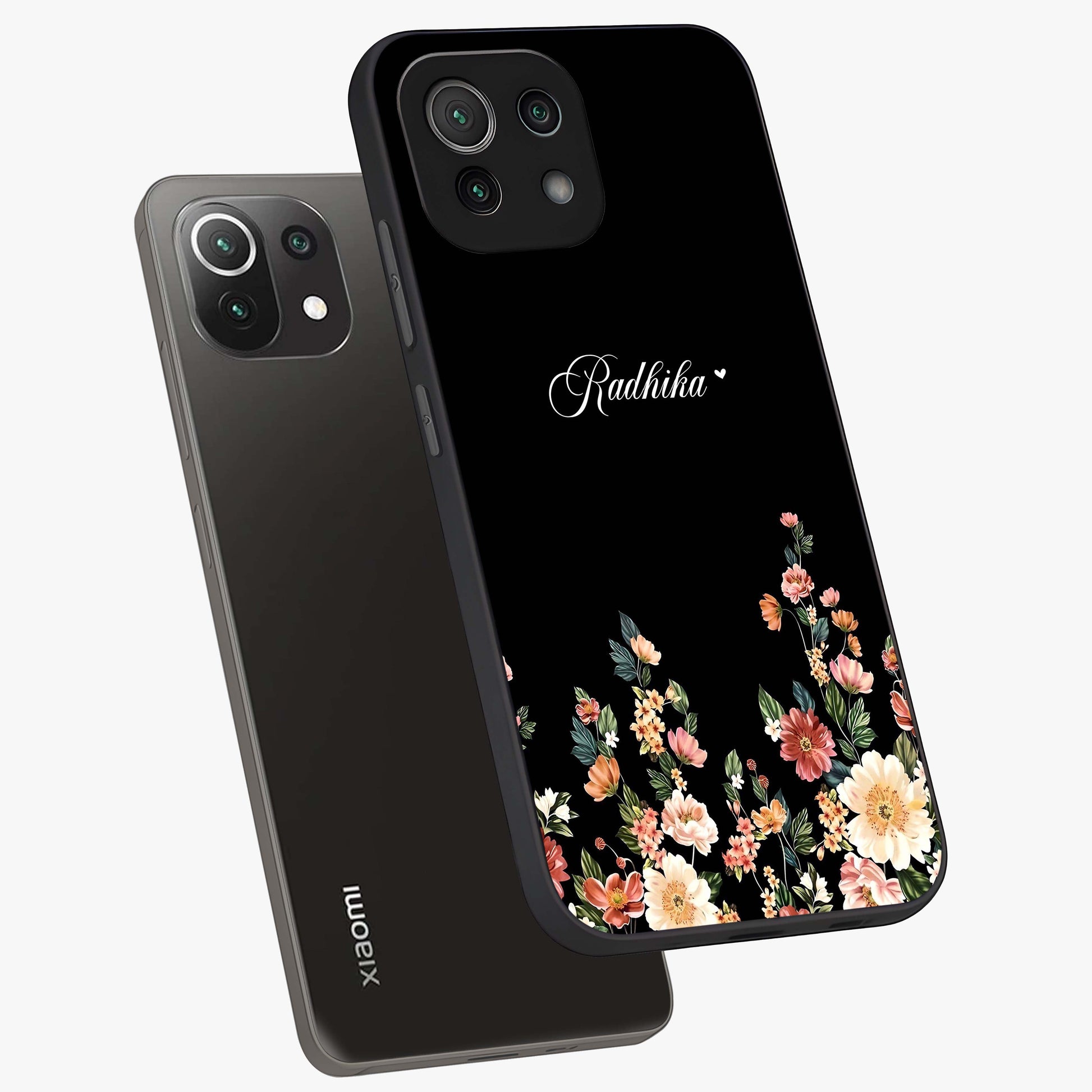 Floral Design With a Custom Personalized Name Glass Case displayed in angled mockup highlighting elegant floral pattern with custom name feature.
