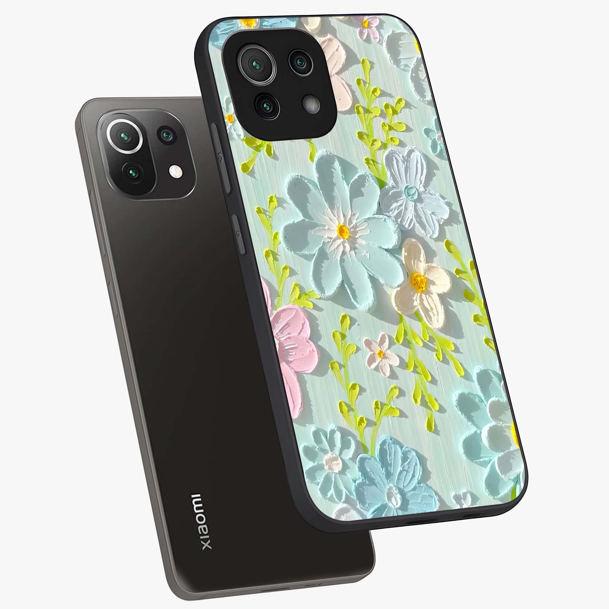 Frosted Petal Garden Glass Case displayed in angled mockup highlighting delicate flower petal design with calm garden aesthetic.